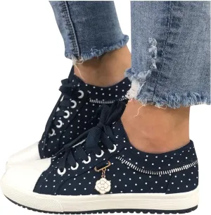 AMDBEL Women's Fashion Sneakers Denim Canvas Shoes Breathable Anti Slip Mesh Floral Low Top Shoes Casual Polka Dot Lace-Up Play Sneakers Loafers Walking Shoes for Running Shopping Driving Travel 01
