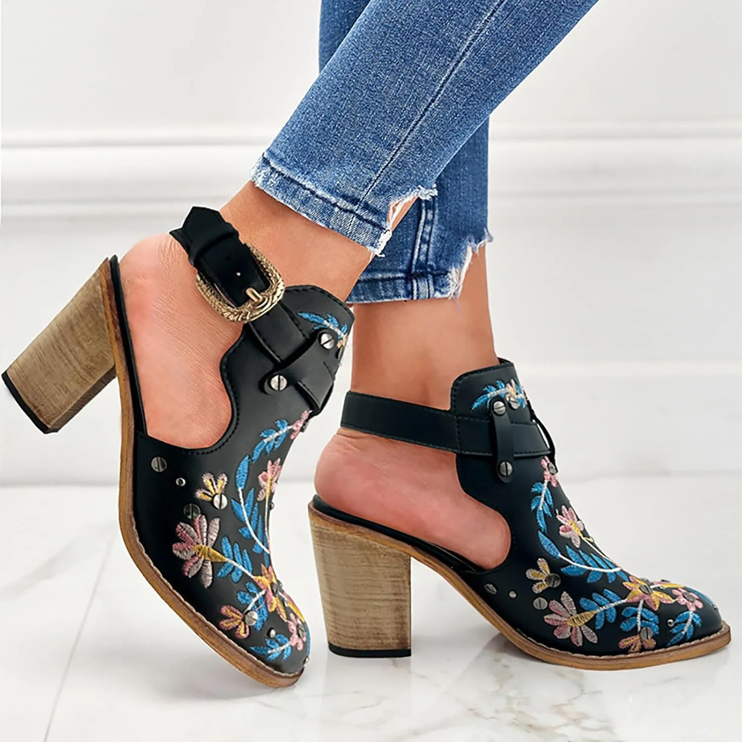 Ankle Boots for Women Slingback Embroidered Round Toe Stacked Chunky Block Heel Classic Leather Pull on Booties Open Back Fall Winter Fashion Short Boot for Ladies