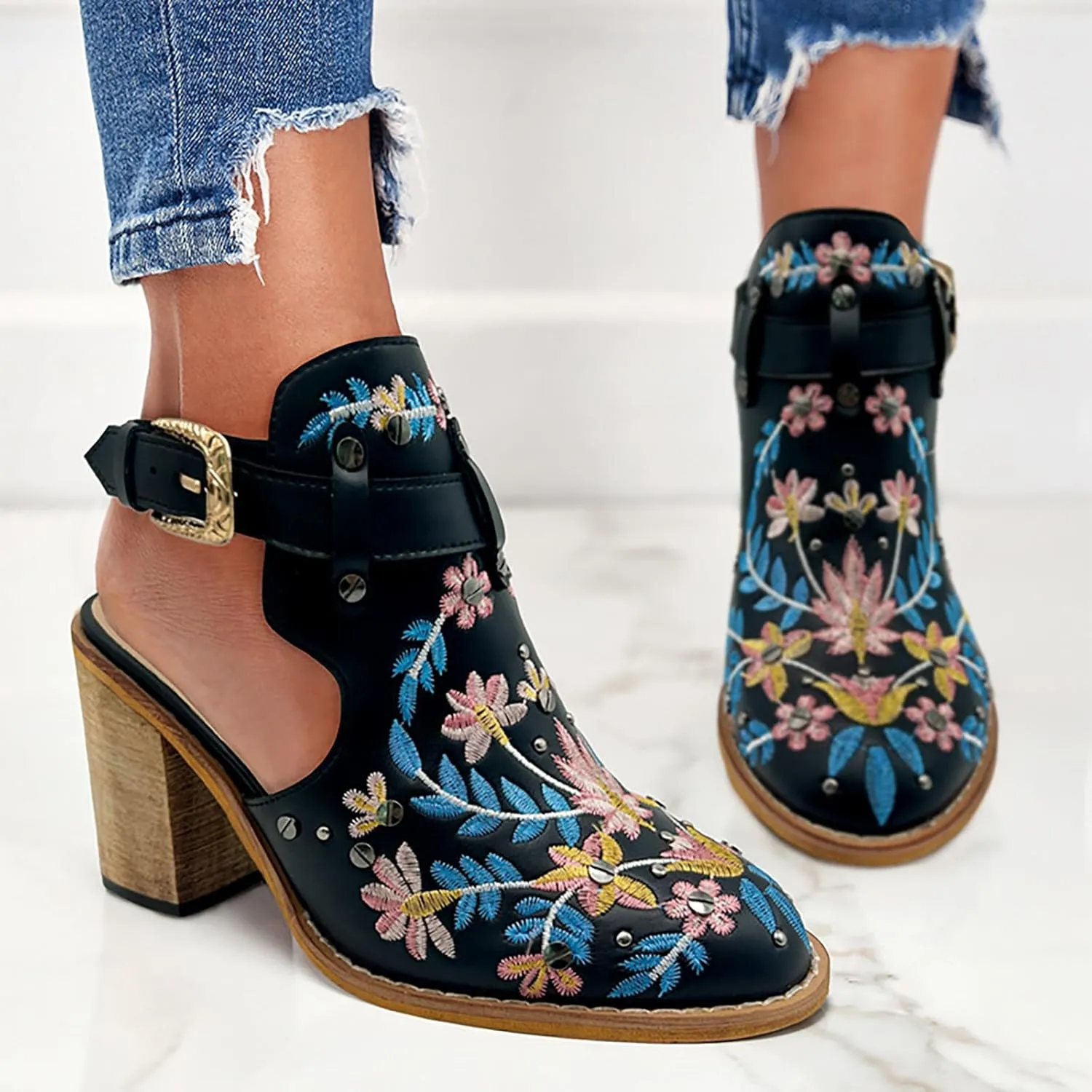 Ankle Boots for Women Slingback Embroidered Round Toe Stacked Chunky Block Heel Classic Leather Pull on Booties Open Back Fall Winter Fashion Short Boot for Ladies