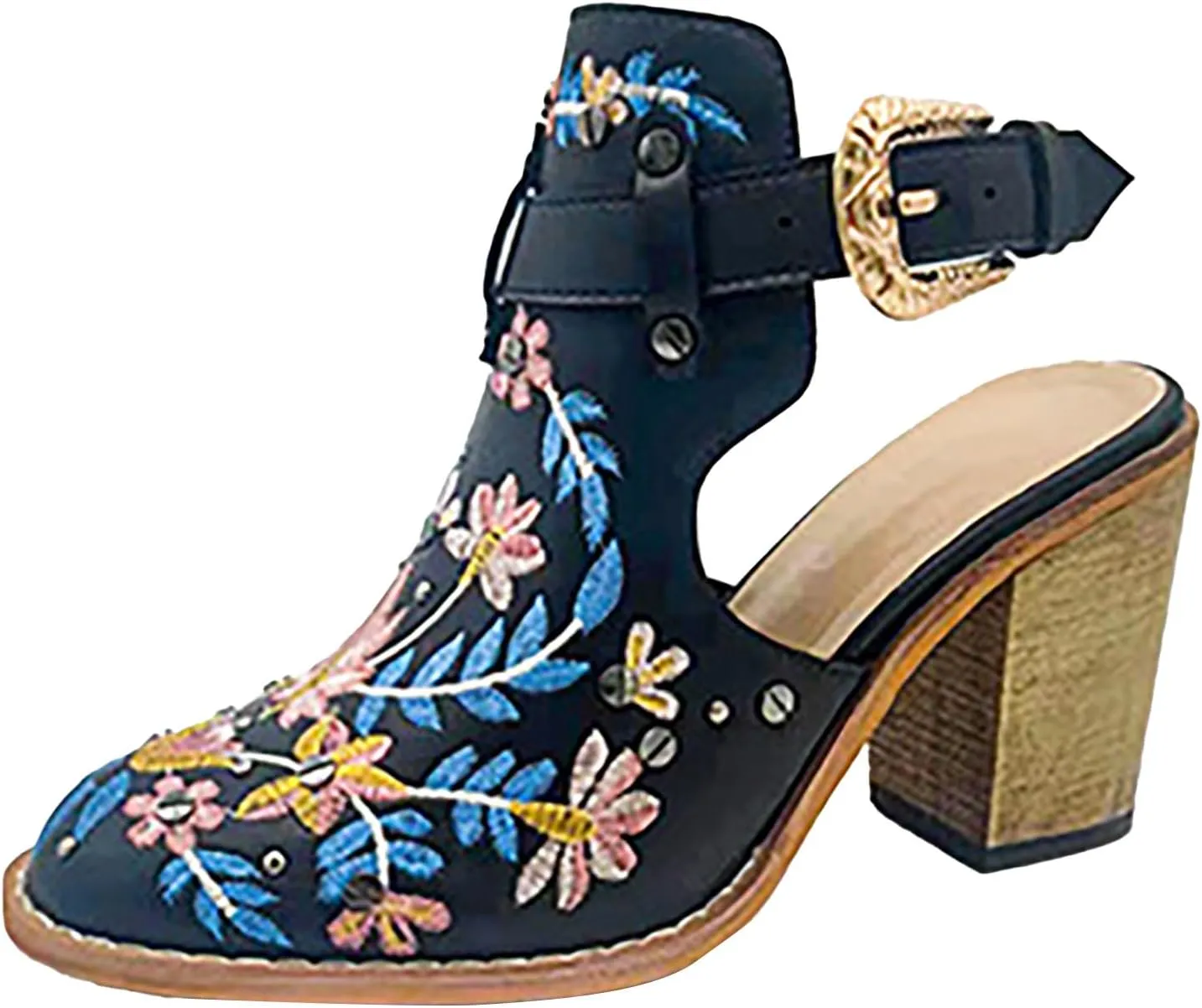 Ankle Boots for Women Slingback Embroidered Round Toe Stacked Chunky Block Heel Classic Leather Pull on Booties Open Back Fall Winter Fashion Short Boot for Ladies
