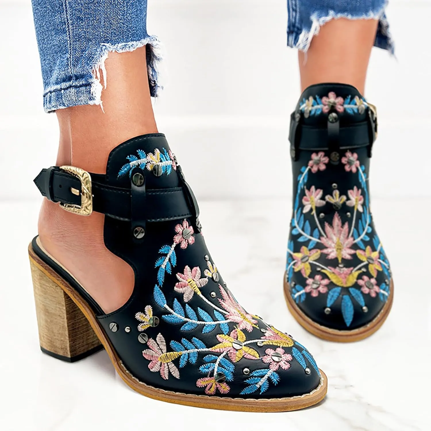 Ankle Boots for Women Slingback Embroidered Round Toe Stacked Chunky Block Heel Classic Leather Pull on Booties Open Back Fall Winter Fashion Short Boot for Ladies