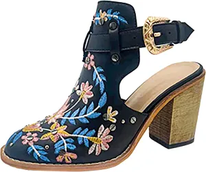Ankle Boots for Women Slingback Embroidered Round Toe Stacked Chunky Block Heel Classic Leather Pull on Booties Open Back Fall Winter Fashion Short Boot for Ladies