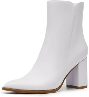 Athlefit Women's Heeled Ankle Boots Fashion Pointed Toe Chunky Heel Side Zipper Short Leather White Boots Size 9