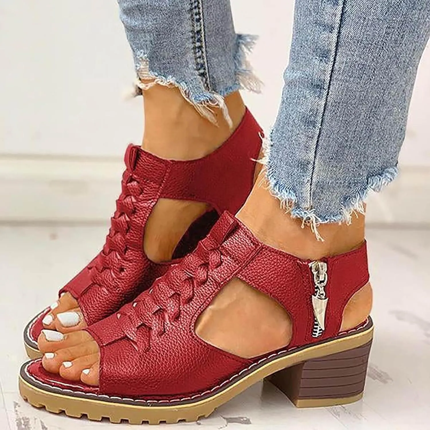 Block Heel Sandals for Women,Comfortable Open Toe Low Chunky Heels Dress Sandal Womens Mid Womens Dressy Summer Side Zipper Ankle Strap Classic Fashion Party Straps Comfortable Walking Shoes