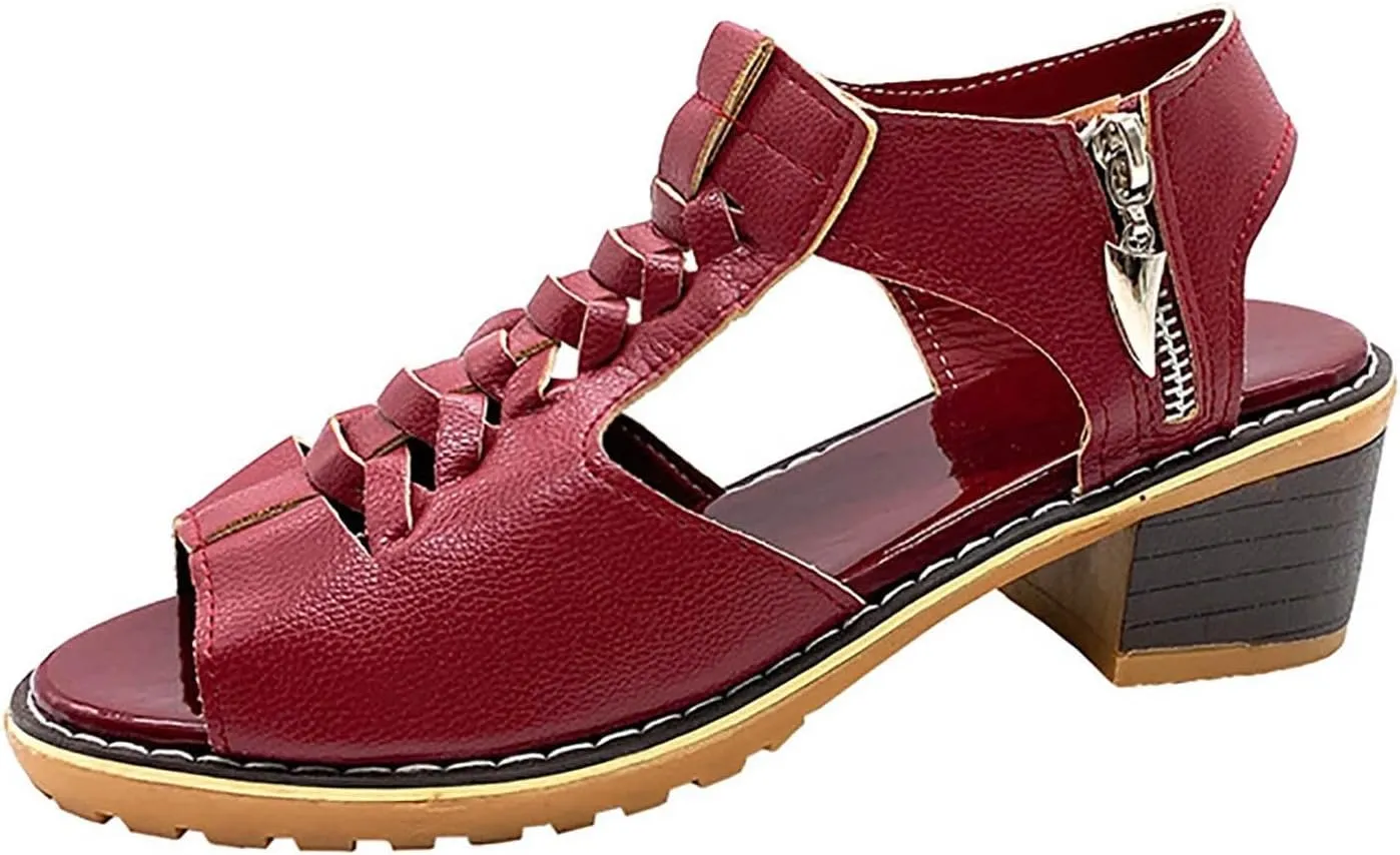 Block Heel Sandals for Women,Comfortable Open Toe Low Chunky Heels Dress Sandal Womens Mid Womens Dressy Summer Side Zipper Ankle Strap Classic Fashion Party Straps Comfortable Walking Shoes