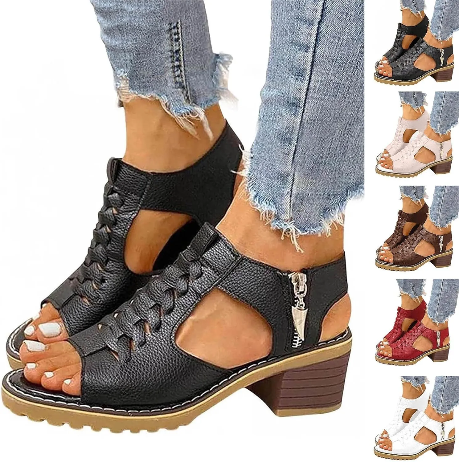 Block Heel Sandals for Women,Comfortable Open Toe Low Chunky Heels Dress Sandal Womens Mid Womens Dressy Summer Side Zipper Ankle Strap Classic Fashion Party Straps Comfortable Walking Shoes