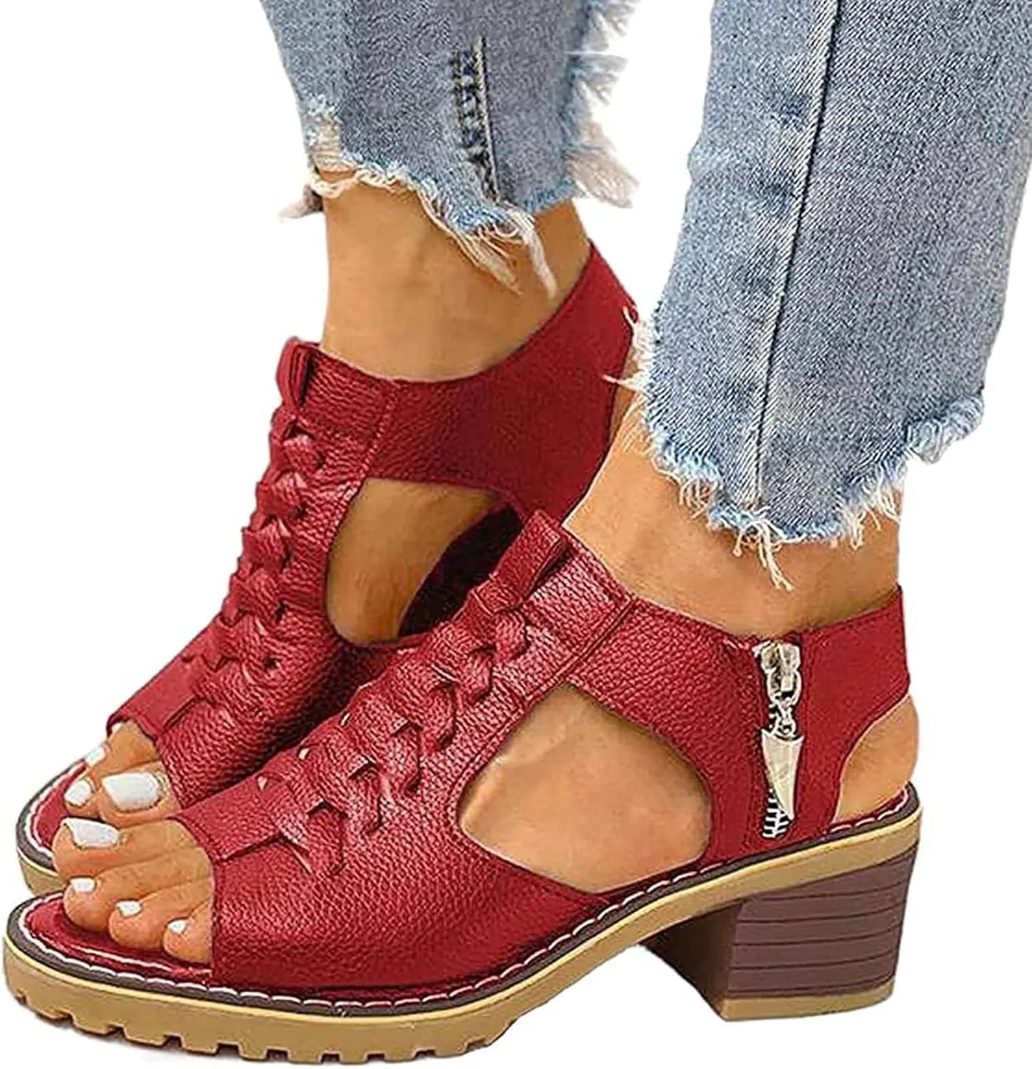 Block Heel Sandals for Women,Comfortable Open Toe Low Chunky Heels Dress Sandal Womens Mid Womens Dressy Summer Side Zipper Ankle Strap Classic Fashion Party Straps Comfortable Walking Shoes