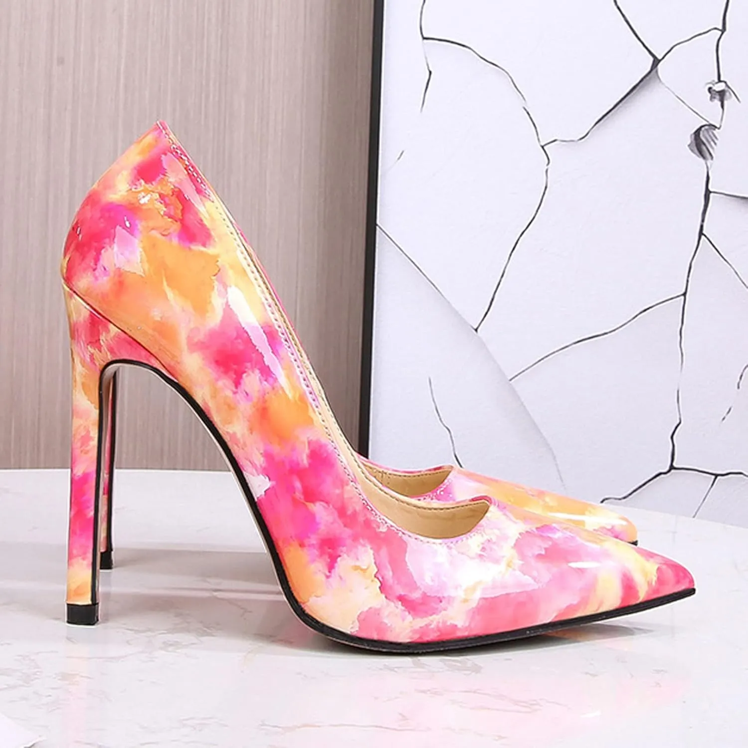 ChaiRong Zhou Women's Fashion Floral Pumps Stiletto Heels Pointed Toe Casual Print Shoes for Evening Party
