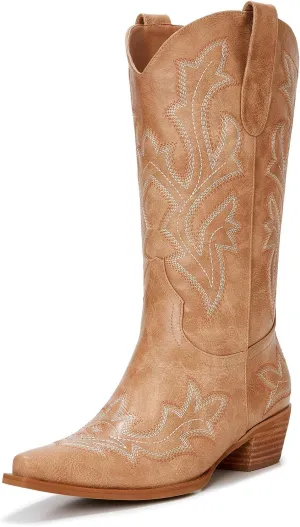 Cowgirl Boots Women – Western Mid-Calf Cowboy Boots with Pointy Toe & 2-Inch Chunky Heel, Embroidered Fashion Boots