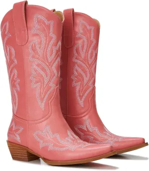 Cowgirl Boots Women  Western Mid-Calf Cowboy Boots with Pointy Toe & 2-Inch Chunky Heel, Embroidered Fashion Boots