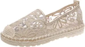 Espadrille Loafers Women Closed Toe Slip on Casual Espadrilles Knit Lace Floral Wide Width Stretch Textile Stylish Summer Dress Shoes
