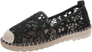 Espadrille Loafers Women Closed Toe Slip on Casual Espadrilles Knit Lace Floral Wide Width Stretch Textile Stylish Summer Dress Shoes