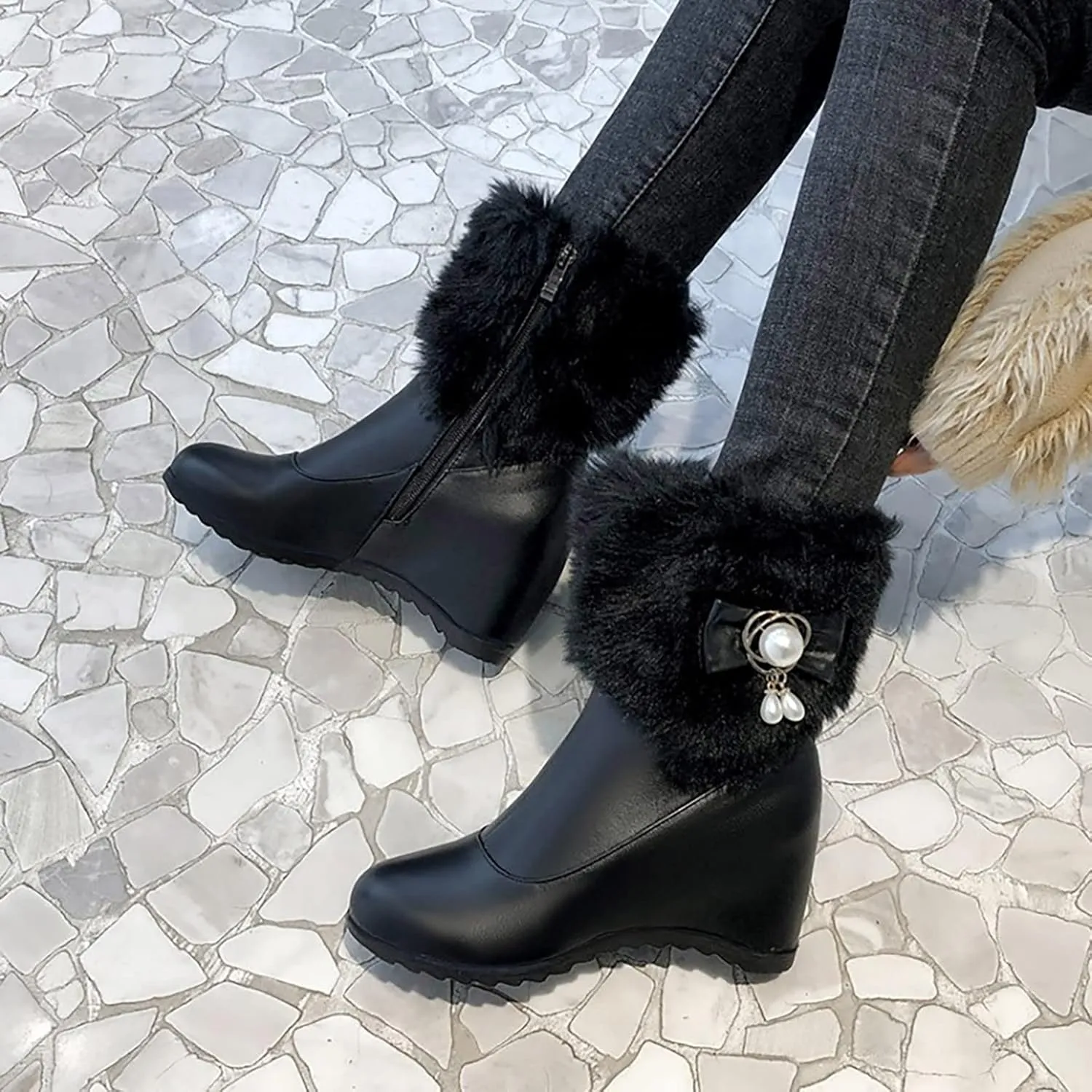 Fashion Leather Boots for Women Solid Side Zipper Wedge Boots Proof Winter Insulated Mid Calf Fuzzy Boots