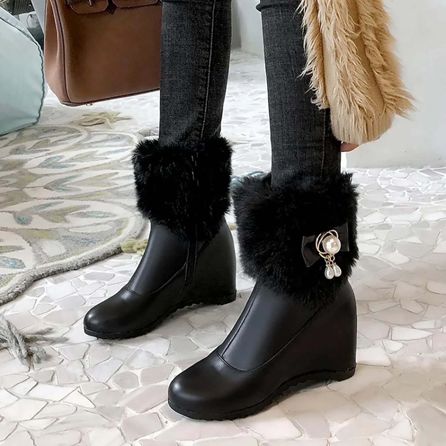 Fashion Leather Boots for Women Solid Side Zipper Wedge Boots Proof Winter Insulated Mid Calf Fuzzy Boots