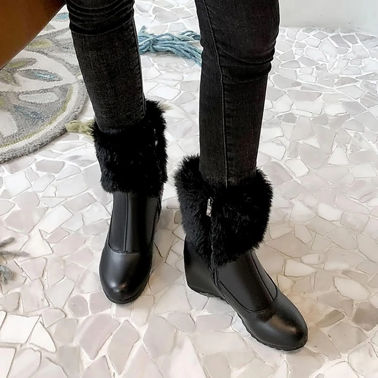 Fashion Leather Boots for Women Solid Side Zipper Wedge Boots Proof Winter Insulated Mid Calf Fuzzy Boots