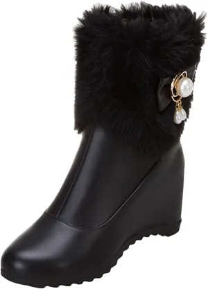 Fashion Leather Boots for Women Solid Side Zipper Wedge Boots Proof Winter Insulated Mid Calf Fuzzy Boots