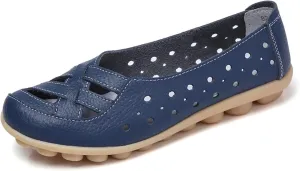 Flat Loafer for Women Comfortable Leather Loafers Ballet Flats Shoes Casual Wide Width Round Toe Slip on Flats with Breathable Eyelets