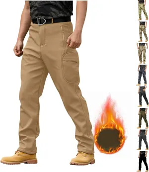 Fleece Lined Work Pants for Men Winter Warm Slim Fit Cargo Pants with Pockets Waterproof Tactical Pants Ski Pants