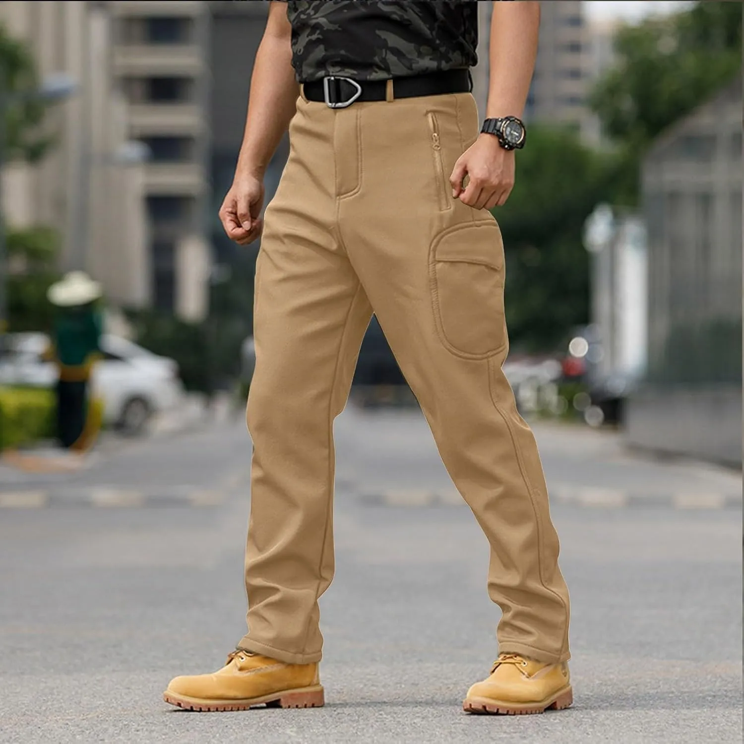 Fleece Lined Work Pants for Men Winter Warm Slim Fit Cargo Pants with Pockets Waterproof Tactical Pants Ski Pants