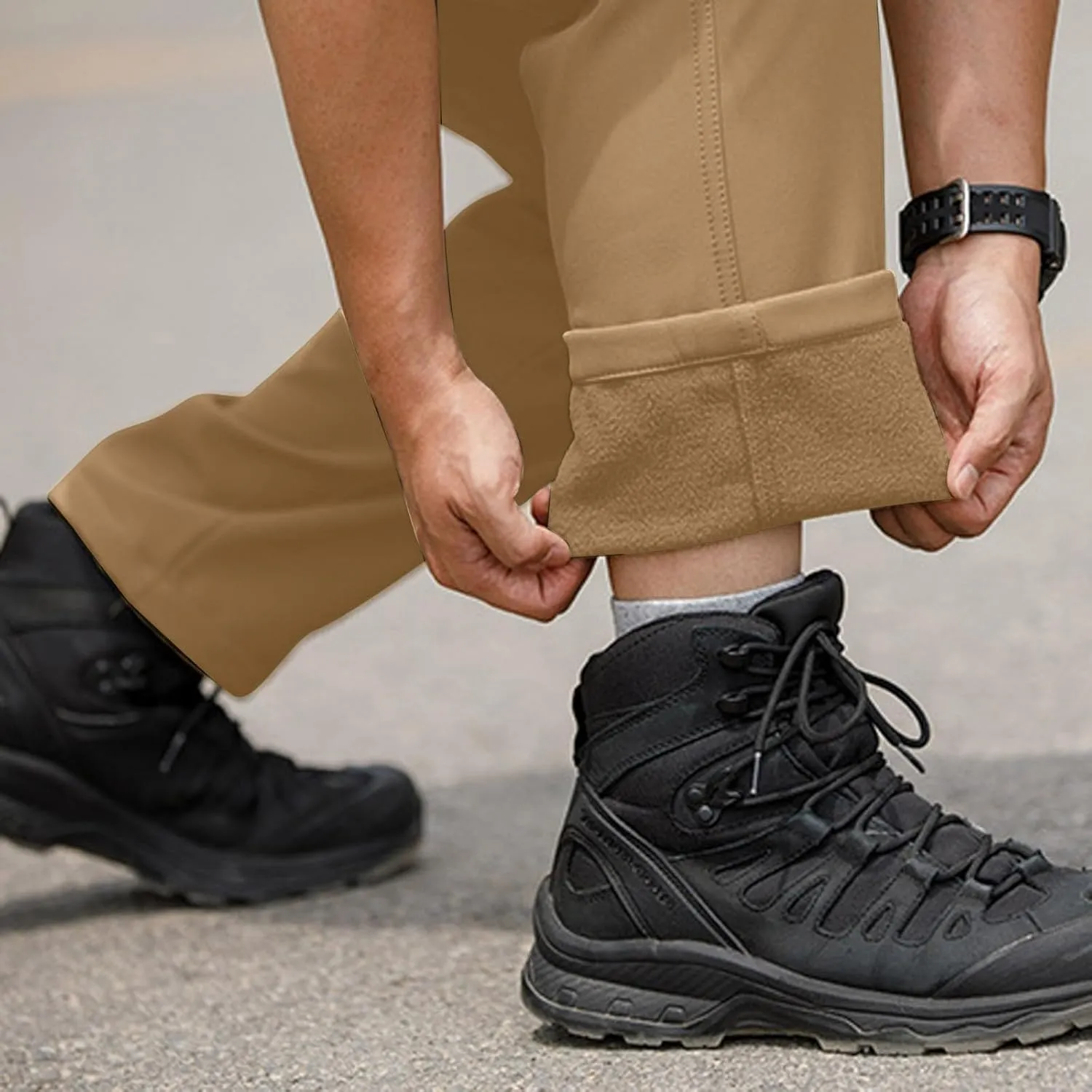 Fleece Lined Work Pants for Men Winter Warm Slim Fit Cargo Pants with Pockets Waterproof Tactical Pants Ski Pants