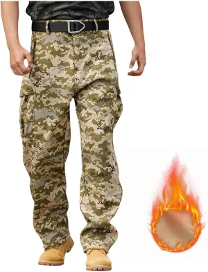 Fleece Lined Work Pants for Men Winter Warm Slim Fit Cargo Pants with Pockets Waterproof Tactical Pants Ski Pants