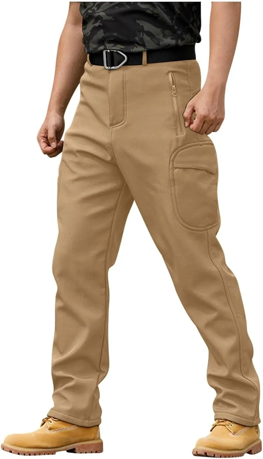 Fleece Lined Work Pants for Men Winter Warm Slim Fit Cargo Pants with Pockets Waterproof Tactical Pants Ski Pants