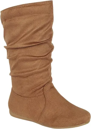 Forever Link Girl's Kid's Round Toe Slouch Flat Heel Mid-Calf Winter Fashion Boots