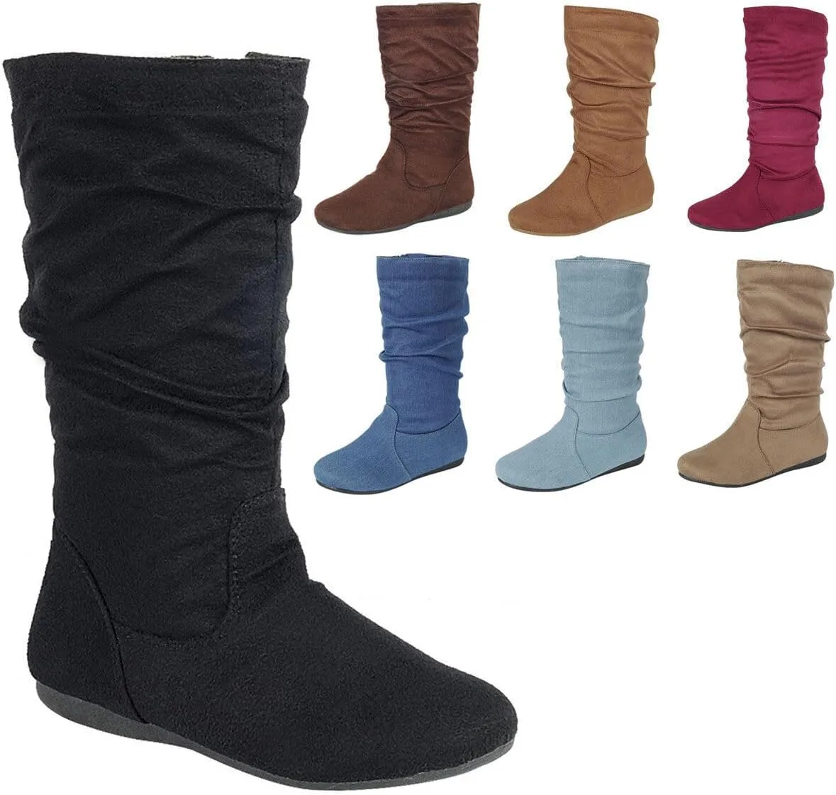 Forever Link Girl's Kid's Round Toe Slouch Flat Heel Mid-Calf Winter Fashion Boots