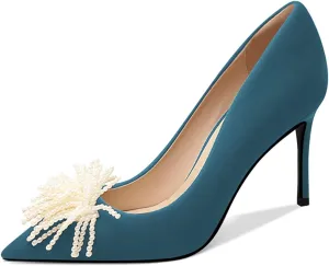 FSJ Women Pearls Slip On High Heel Pointed Toe Stiletto Heel Velvet Pumps Ladies Office Wedding Party Dress Shoes Size 4-15 US