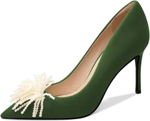 FSJ Women Pearls Slip On High Heel Pointed Toe Stiletto Heel Velvet Pumps Ladies Office Wedding Party Dress Shoes Size 4-15 US