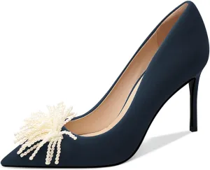 FSJ Women Pearls Slip On High Heel Pointed Toe Stiletto Heel Velvet Pumps Ladies Office Wedding Party Dress Shoes Size 4-15 US