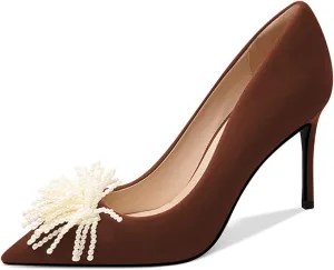 FSJ Women Pearls Slip On High Heel Pointed Toe Stiletto Heel Velvet Pumps Ladies Office Wedding Party Dress Shoes Size 4-15 US