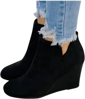 Gibobby Boots for Women Low Heel Wedge Ankle Boots V Cutout Fall Dressing Stacked Chunky Heel Short Booties Casual Shoes