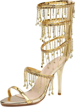 Gold Rhinestone Tassel Stiletto Heels for Women Sequined Stilettos Metallic Sparkly Fringe Sandals