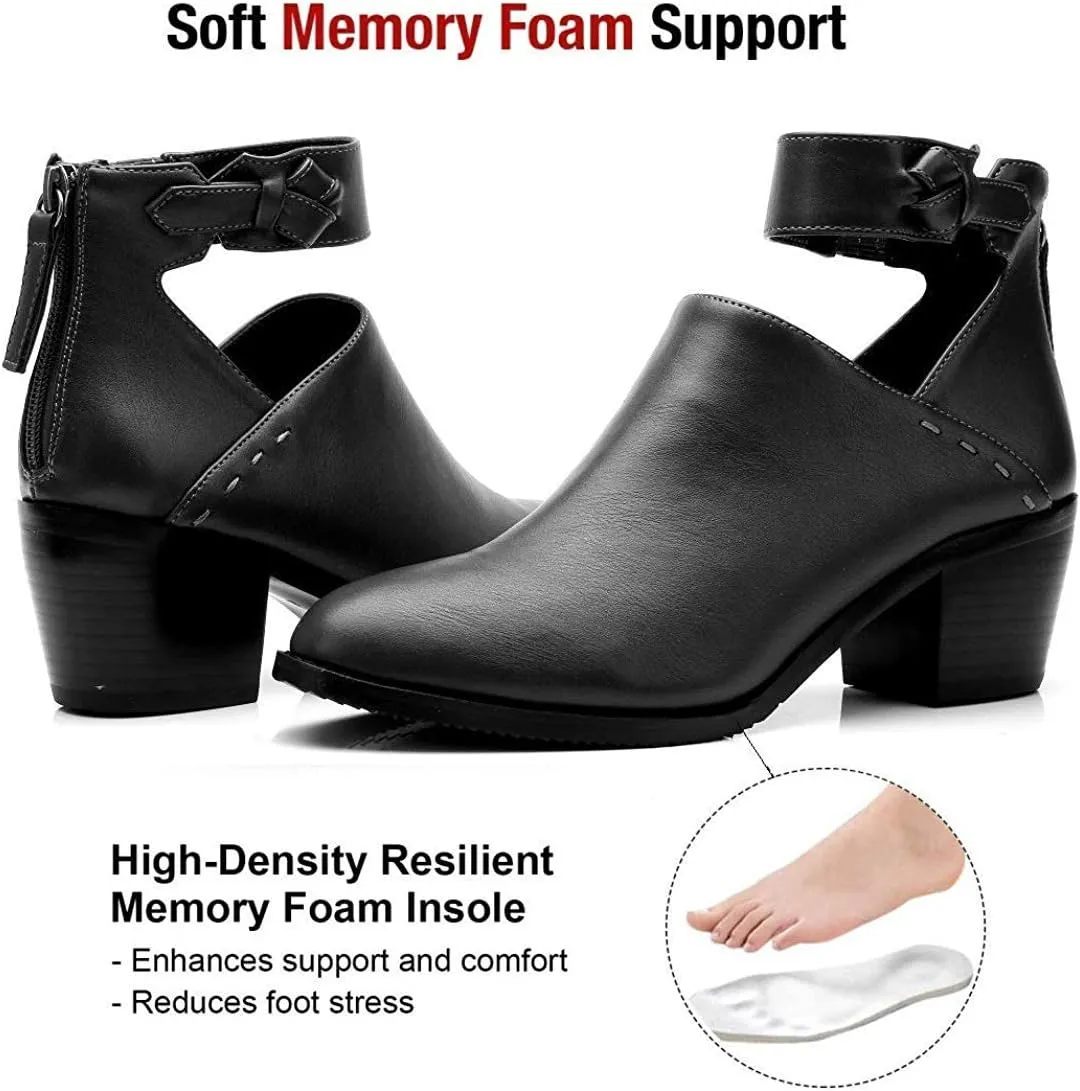 JITUUE Ankle boots for women Chelsea Boots Cutout Buckle Strap Pointed Toe Chunky Heel Zip up Booties Mid Heeled Shoes