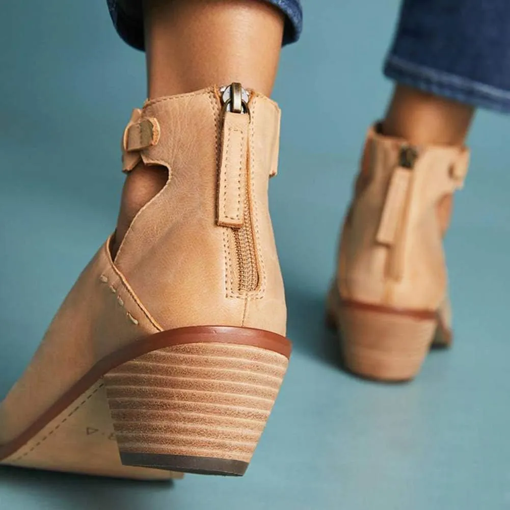 JITUUE Ankle boots for women Chelsea Boots Cutout Buckle Strap Pointed Toe Chunky Heel Zip up Booties Mid Heeled Shoes