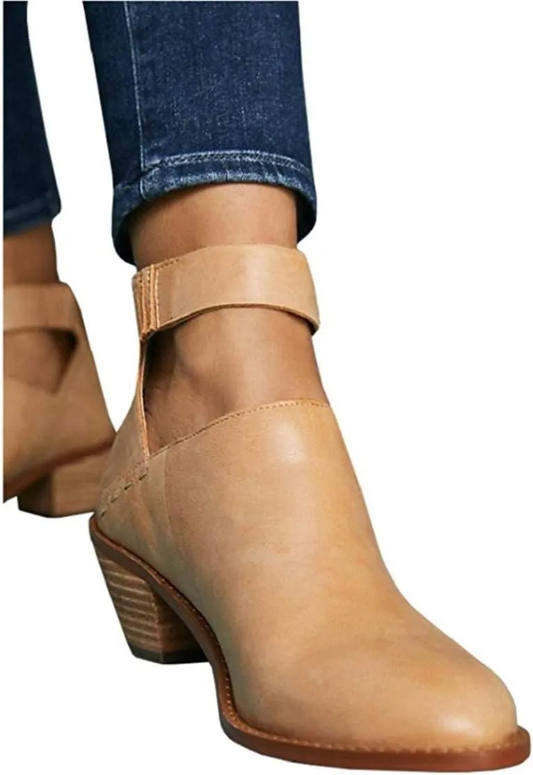 JITUUE Ankle boots for women Chelsea Boots Cutout Buckle Strap Pointed Toe Chunky Heel Zip up Booties Mid Heeled Shoes