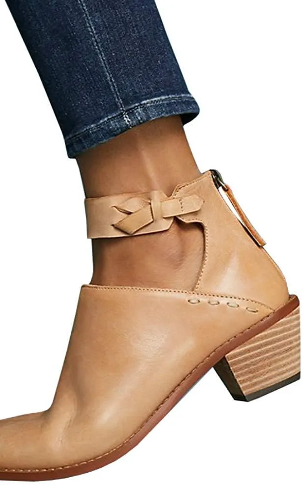 JITUUE Ankle boots for women Chelsea Boots Cutout Buckle Strap Pointed Toe Chunky Heel Zip up Booties Mid Heeled Shoes