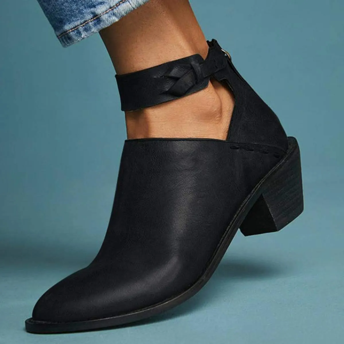 JITUUE Ankle boots for women Chelsea Boots Cutout Buckle Strap Pointed Toe Chunky Heel Zip up Booties Mid Heeled Shoes