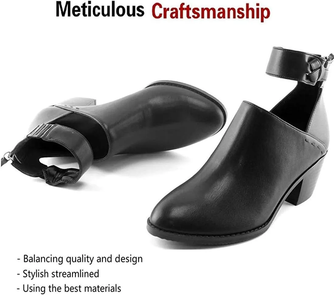 JITUUE Ankle boots for women Chelsea Boots Cutout Buckle Strap Pointed Toe Chunky Heel Zip up Booties Mid Heeled Shoes