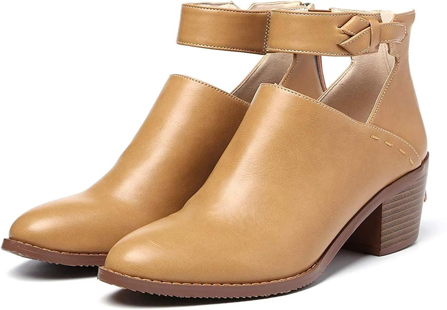 JITUUE Ankle boots for women Chelsea Boots Cutout Buckle Strap Pointed Toe Chunky Heel Zip up Booties Mid Heeled Shoes