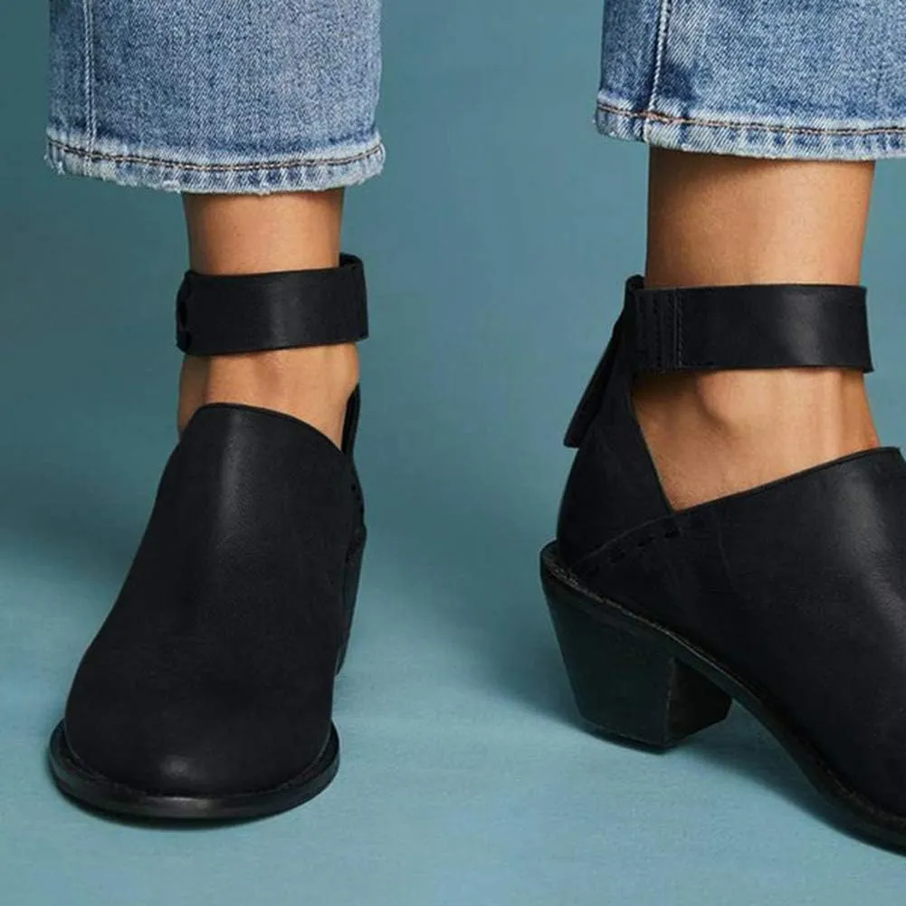 JITUUE Ankle boots for women Chelsea Boots Cutout Buckle Strap Pointed Toe Chunky Heel Zip up Booties Mid Heeled Shoes