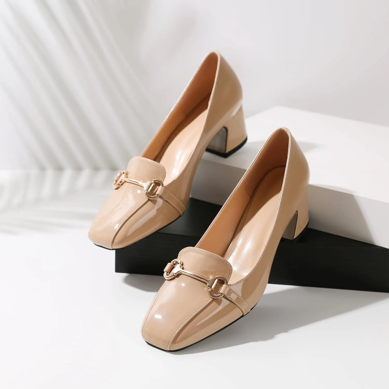 Joseywade Women's Chunky Heels Square Toe Low Block Heel Pump Metal Buckle Comfort 2 Inch Wedding Party Working Daily Dress Shoes