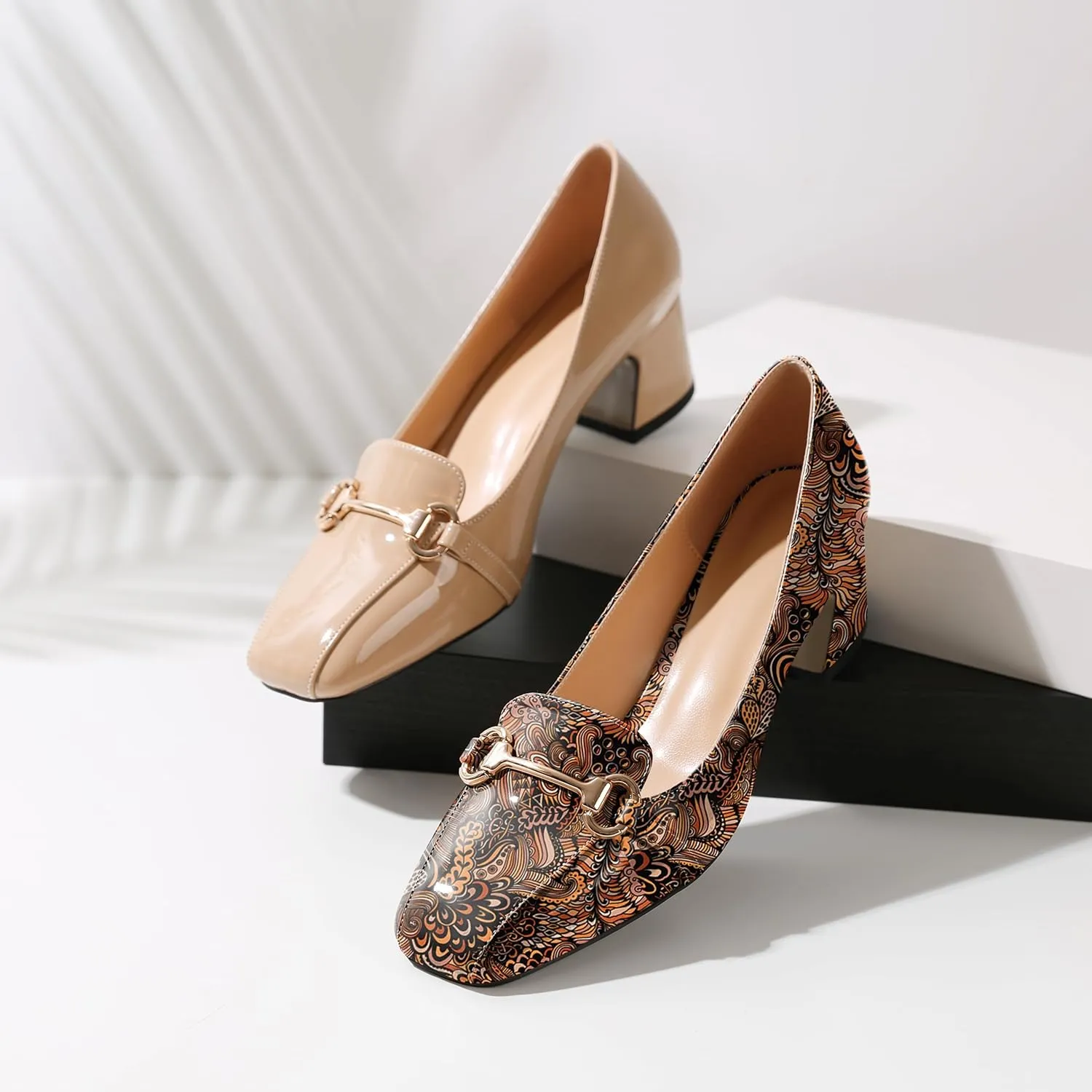 Joseywade Women's Chunky Heels Square Toe Low Block Heel Pump Metal Buckle Comfort 2 Inch Wedding Party Working Daily Dress Shoes