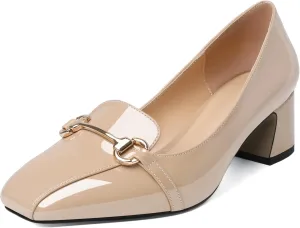 Joseywade Women's Chunky Heels Square Toe Low Block Heel Pump Metal Buckle Comfort 2 Inch Wedding Party Working Daily Dress Shoes