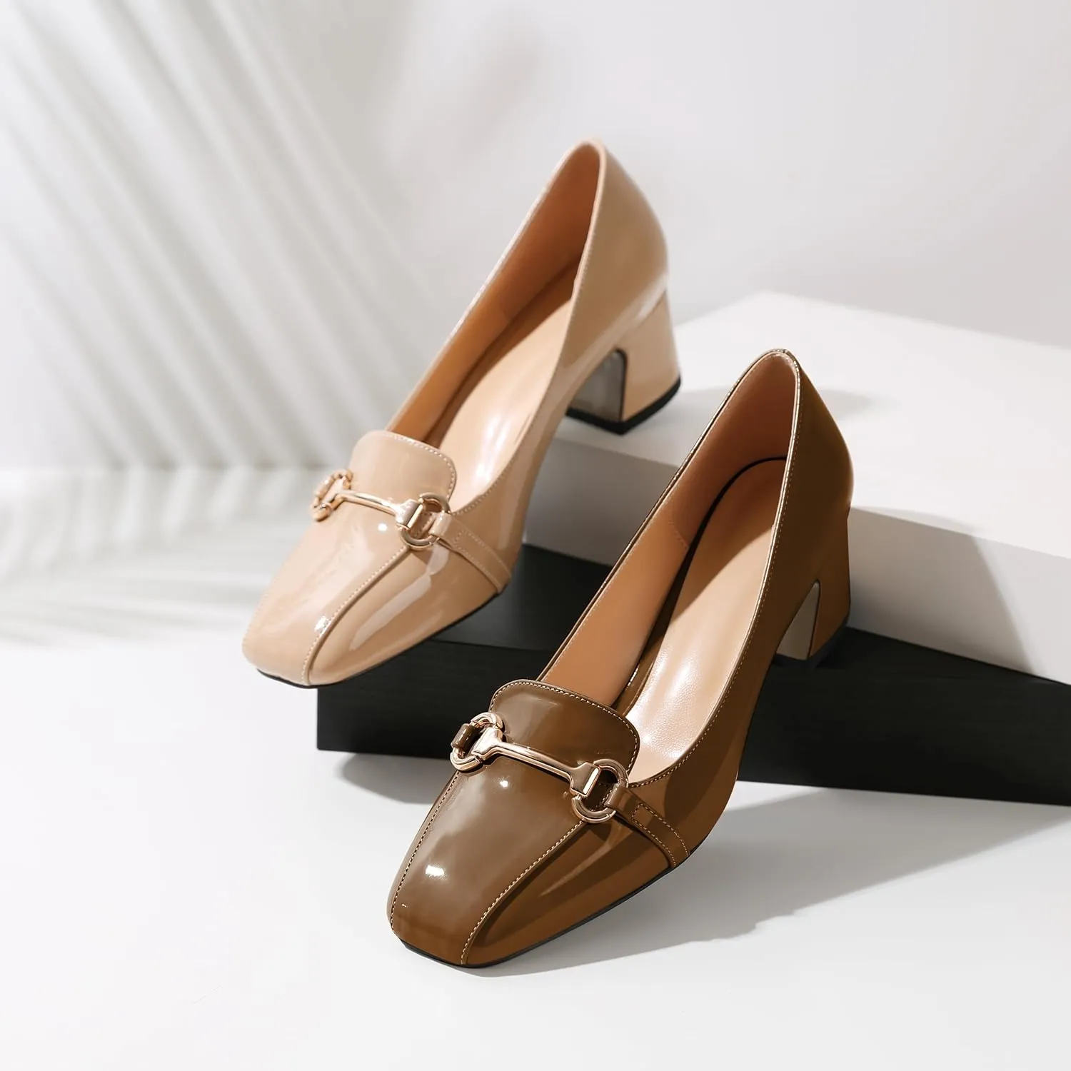 Joseywade Women's Chunky Heels Square Toe Low Block Heel Pump Metal Buckle Comfort 2 Inch Wedding Party Working Daily Dress Shoes