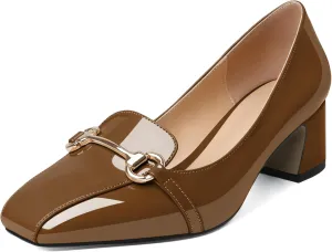 Joseywade Women's Chunky Heels Square Toe Low Block Heel Pump Metal Buckle Comfort 2 Inch Wedding Party Working Daily Dress Shoes