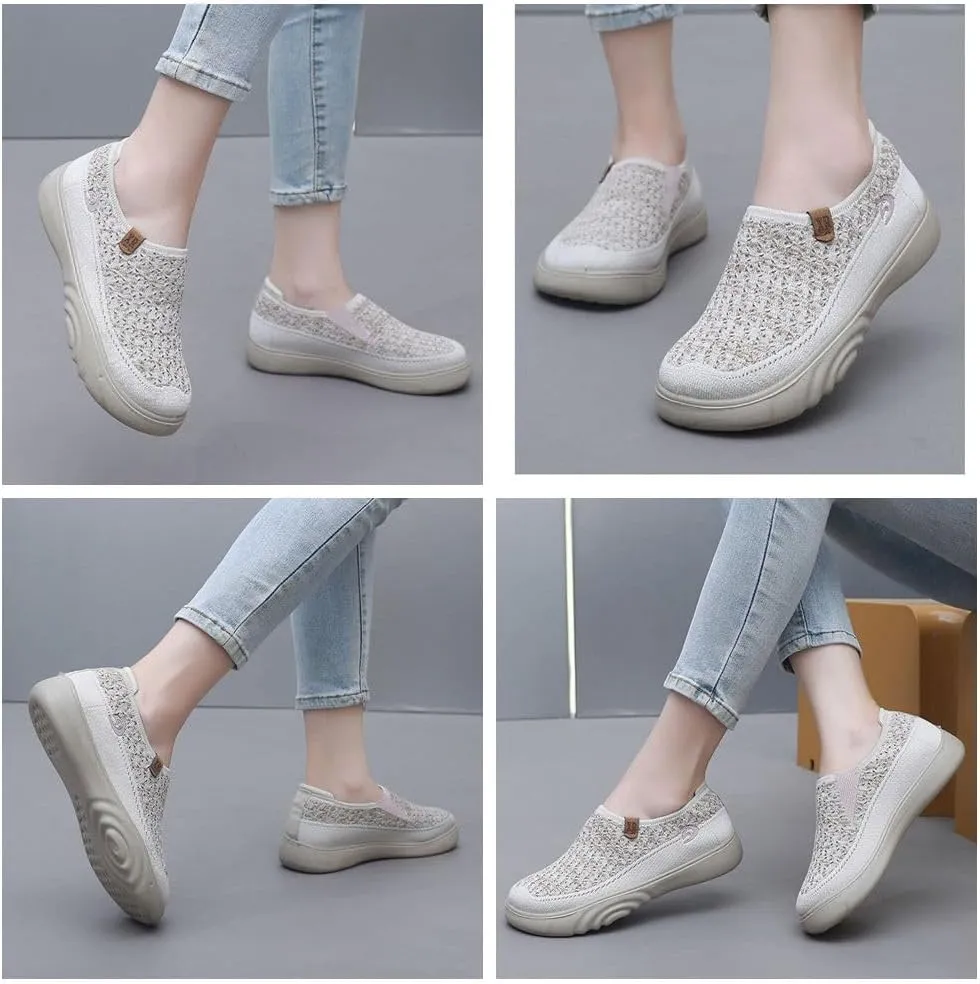Knit Loafers womenbreathable Woven Walking Slip-on,Driving Foam Shoes, Arch Support, Thick-Soled Wedge Heels, Light and Non-Slip, Wide Foot Shoes