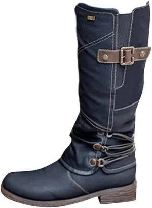 Ladmiple Cowgirl Boots Women Knee High Western Cowboy Boots Pointed Toe Chunky Heel Pull On Fashion Boots for Ladies