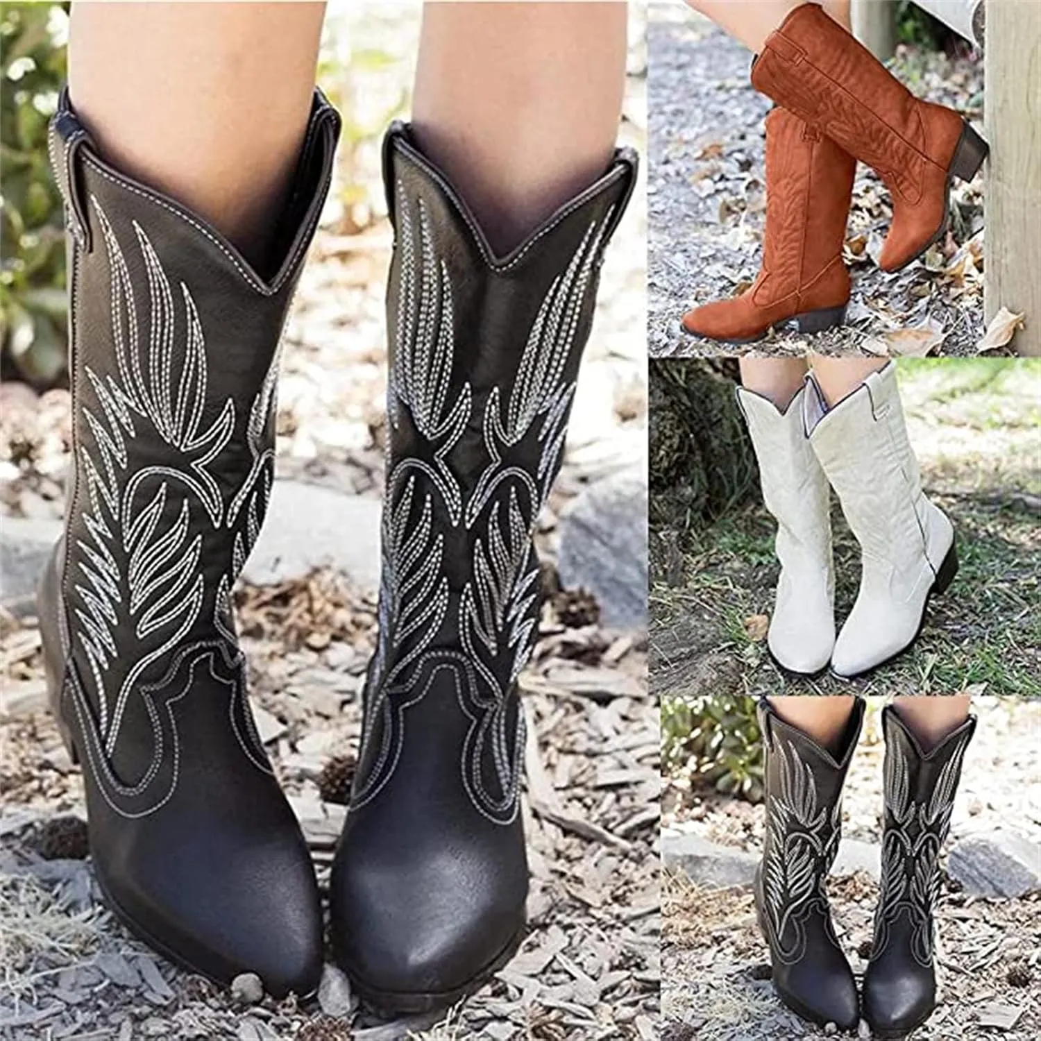 Ladmiple Cowgirl Boots Women Tall Cowboy Boots Knee High Seam Mid Heel Block Heel Almond Pointed Toe Fashion Boots Slip-On